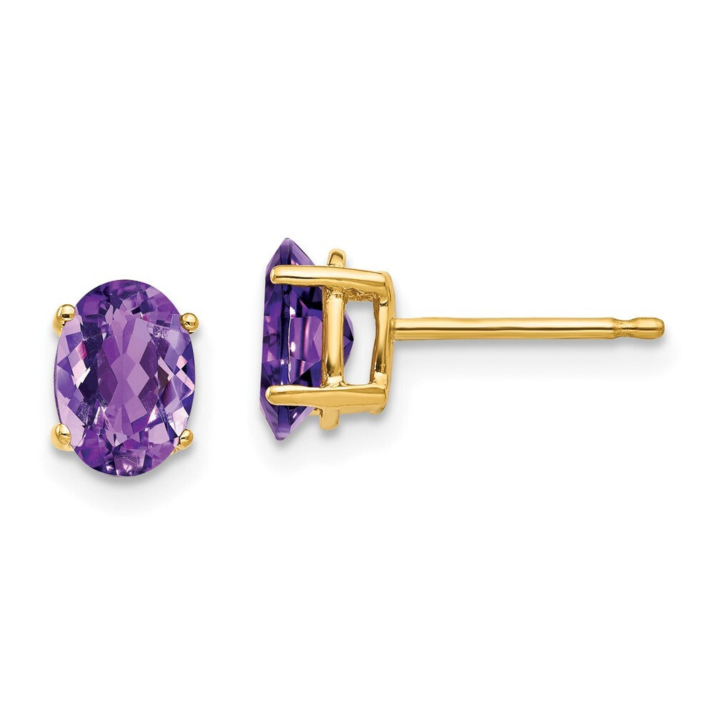14k Yellow Gold 7x5mm Oval Amethyst Stud Earrings