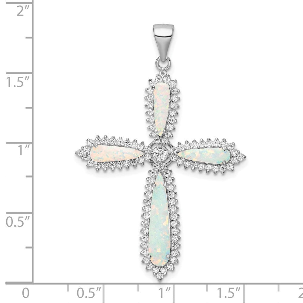 Sterling Silver White Created Opal & Cubic Zirconia Border Cross Pendant