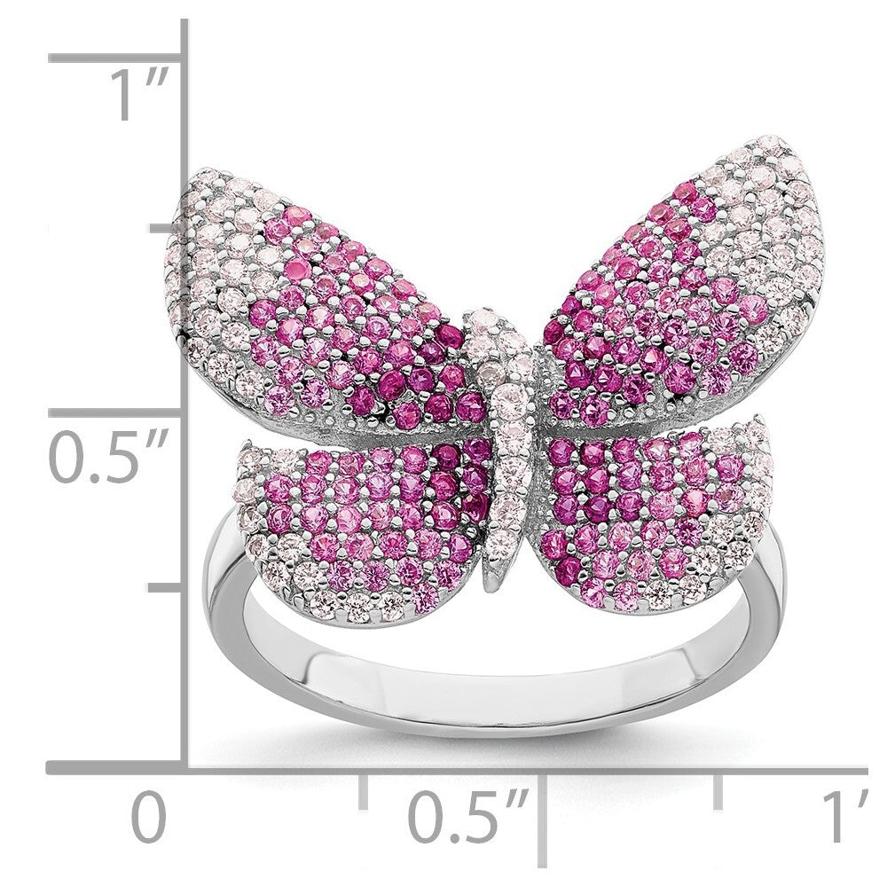 Sterling Silver Rhodium-plated Polished Pink CZ Butterfly Ring Size 8