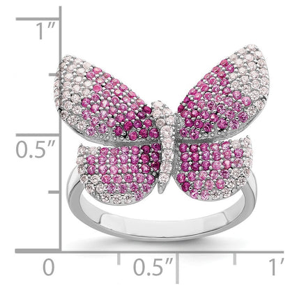 Sterling Silver Rhodium-plated Polished Pink CZ Butterfly Ring Size 8