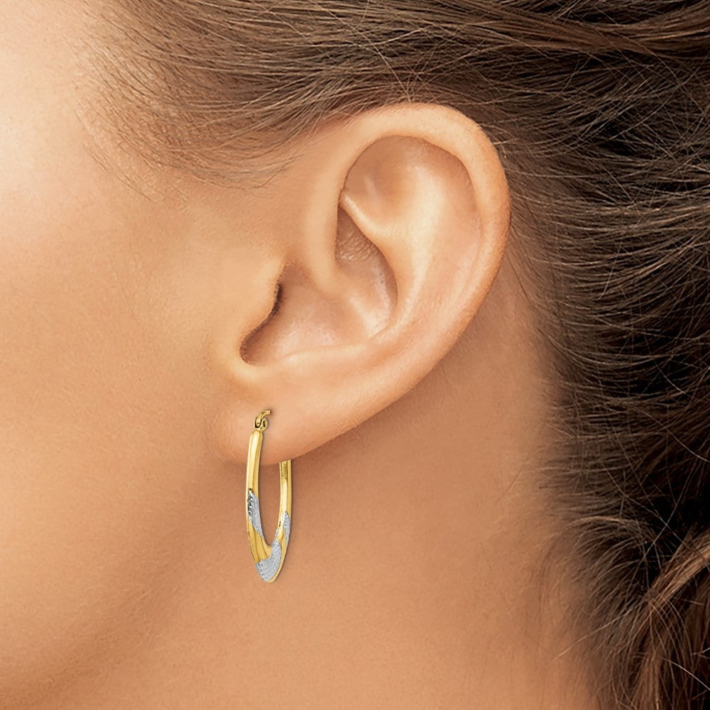 14k Yellow Gold & Rhodium Hollow Oval Hoop Earrings