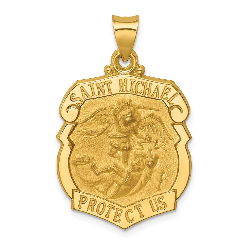 14k Yellow Gold Polished and Satin St. Michael Badge Medal Hollow Pendant