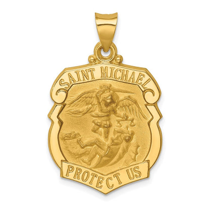 14k Yellow Gold Polished and Satin St. Michael Badge Medal Hollow Pendant