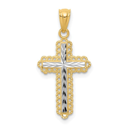 14k Yellow Gold Rhodium Diamond Cut Cross Pendant for Women