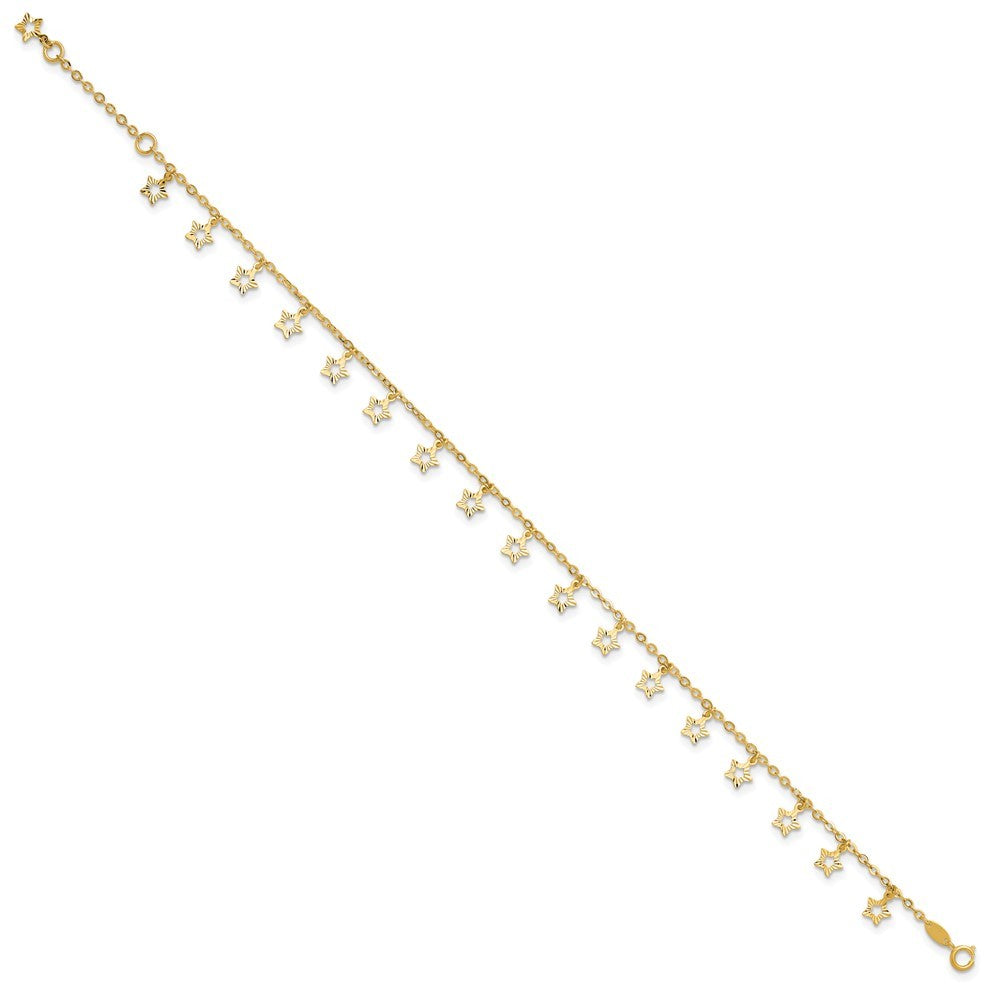 14k Yellow Gold  and Textured Dangle Stars Star Dangle Extender 10" Anklet