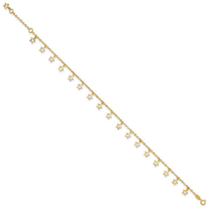 14k Yellow Gold  and Textured Dangle Stars Star Dangle Extender 10" Anklet