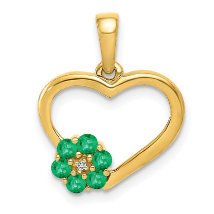 14k Yellow Gold Diamond and Emerald Heart and Flower Pendant for Women