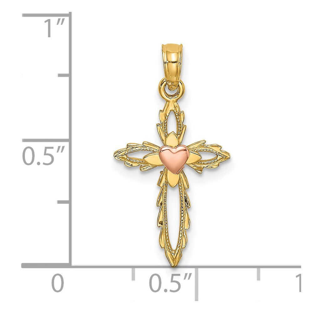 14k Two-tone Gold Cross  Heart Charm Pendant for Women
