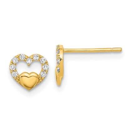14k Yellow Gold Polished Cut Out Heart Cubic Zirconia Stud Earrings
