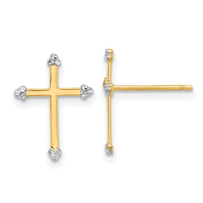 14k Yellow Gold and White Rhodium Diamond-Cut Cross Earrings