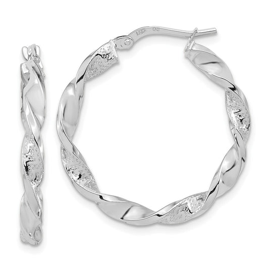 14k White Gold Polished and Textured Twisted Hoop Earrings Gift for Women