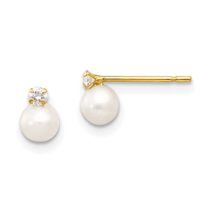 14k Yellow Gold 5-6mm Near Round FW Cultured Pearl Cubic Zirconia Stud Earrings