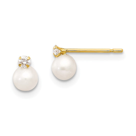 14k Yellow Gold 5-6mm Near Round FW Cultured Pearl Cubic Zirconia Stud Earrings