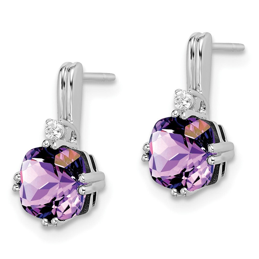 14k White Gold Cushion Amethyst and Diamond Drop & Dangle Earrings