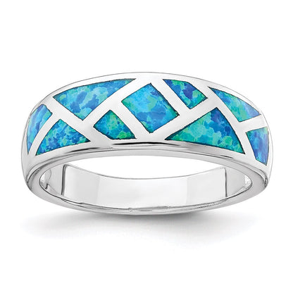 Sterling Silver Rhodium-plated Geometric Lab Created Blue Opal Ring Size 6