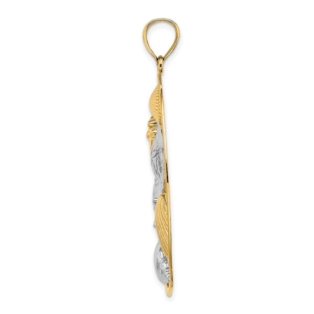 14k Yellow Gold with White Rhodium Shell Cluster In Oval Frame Charm