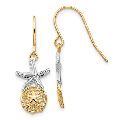 14k Yellow Gold Rhodium Starfish Sand Dollar Drop Dangle Earrings Shepherd Hook