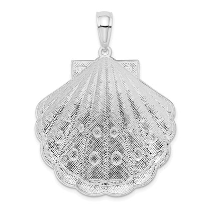 Sterling Silver Rhodium-Plated Diamond-Cut Large Scallop Shell Pendant