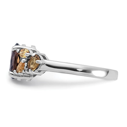 SS Rhodium Smoky and Whiskey Quartz Citrine White Topaz Ring Size 6