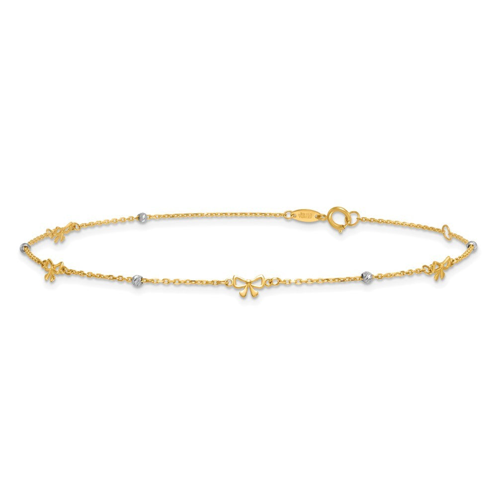 14k Two-tone Polished Diamond-cut Beads and Bows 10" Anklet