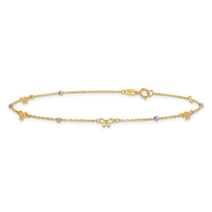 14k Two-tone Polished Diamond-cut Beads and Bows 10" Anklet