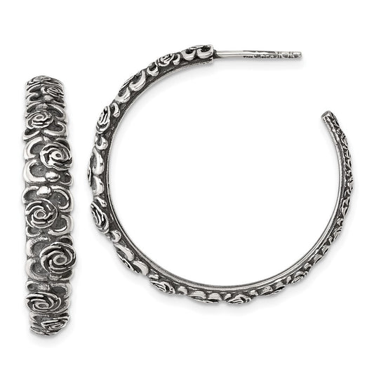 Sterling Silver Antiqued Graduated Floral Post Hoop Earrings