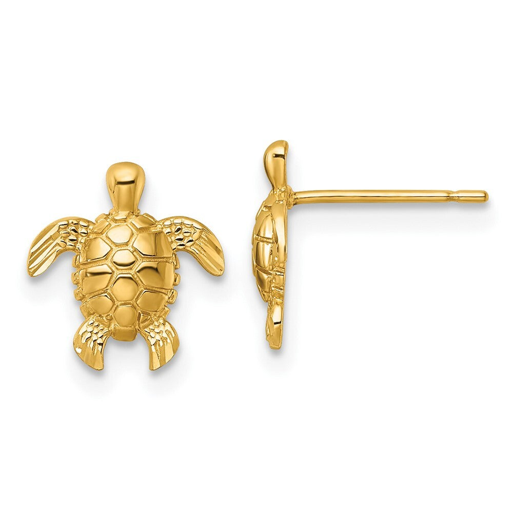 14k Yellow Gold Polished and Diamond-cut Turtle Stud Earrings Gift for Women