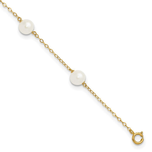 14k Yellow Gold 6mm Near-Round Freshwater Cultured Pearl 6-Station 9" Anklet