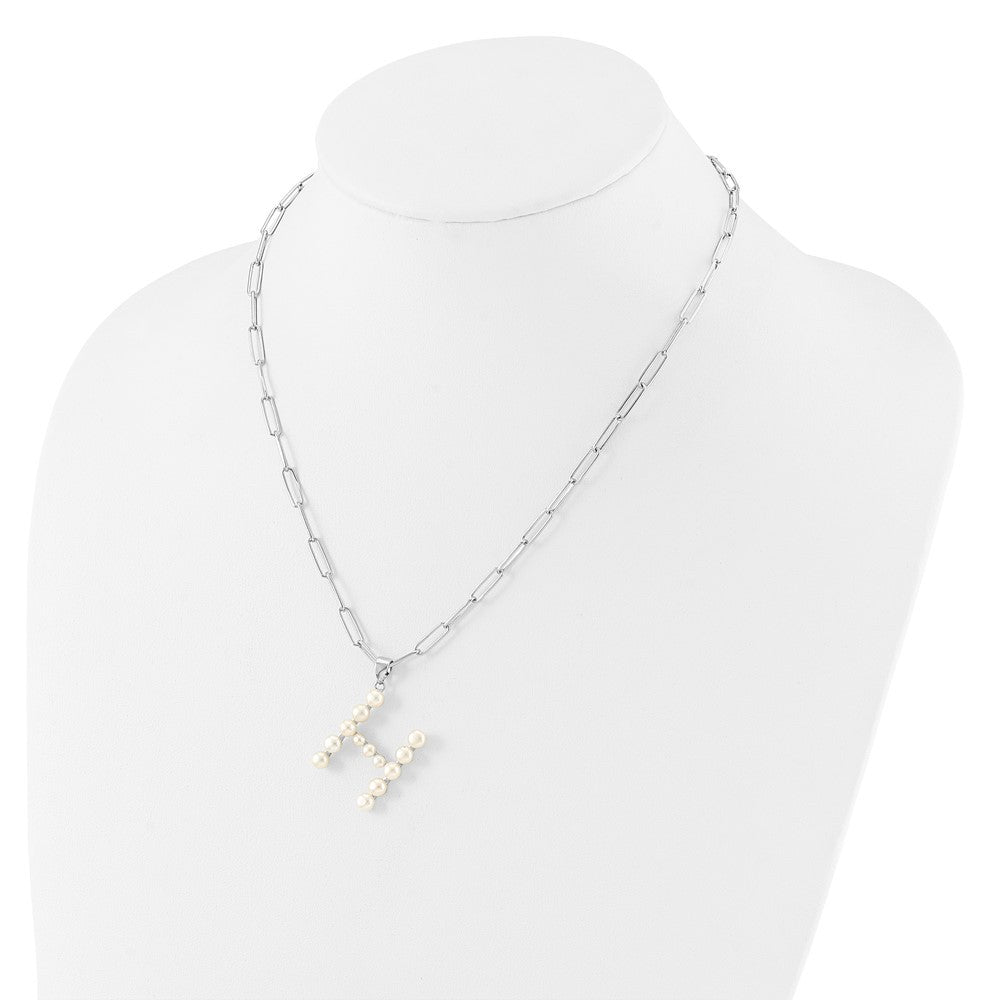 Sterling Silver 3-5.5mm White Button Cultured Pearl LETTER H Necklace 18"