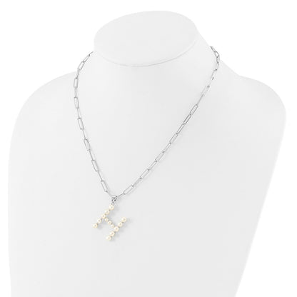 Sterling Silver 3-5.5mm White Button Cultured Pearl LETTER H Necklace 18"