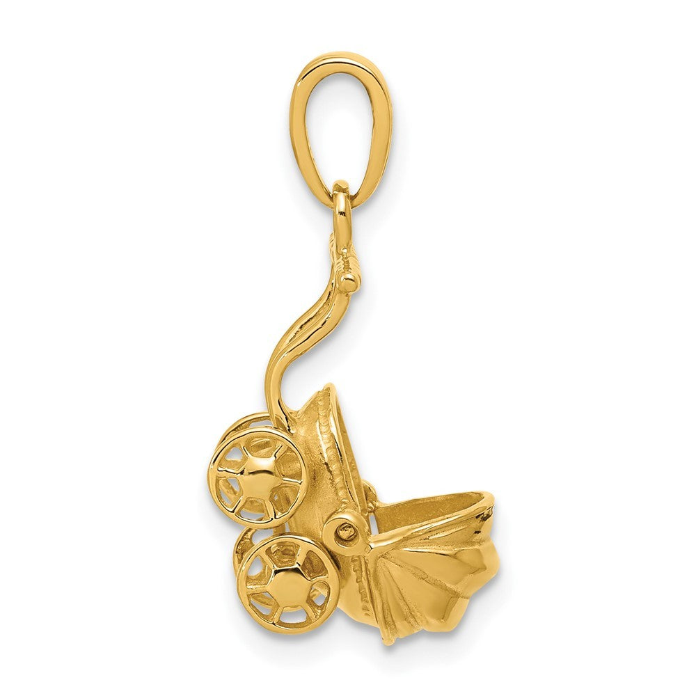 14k Yellow Gold 3D Baby Carriage Charm Pendant