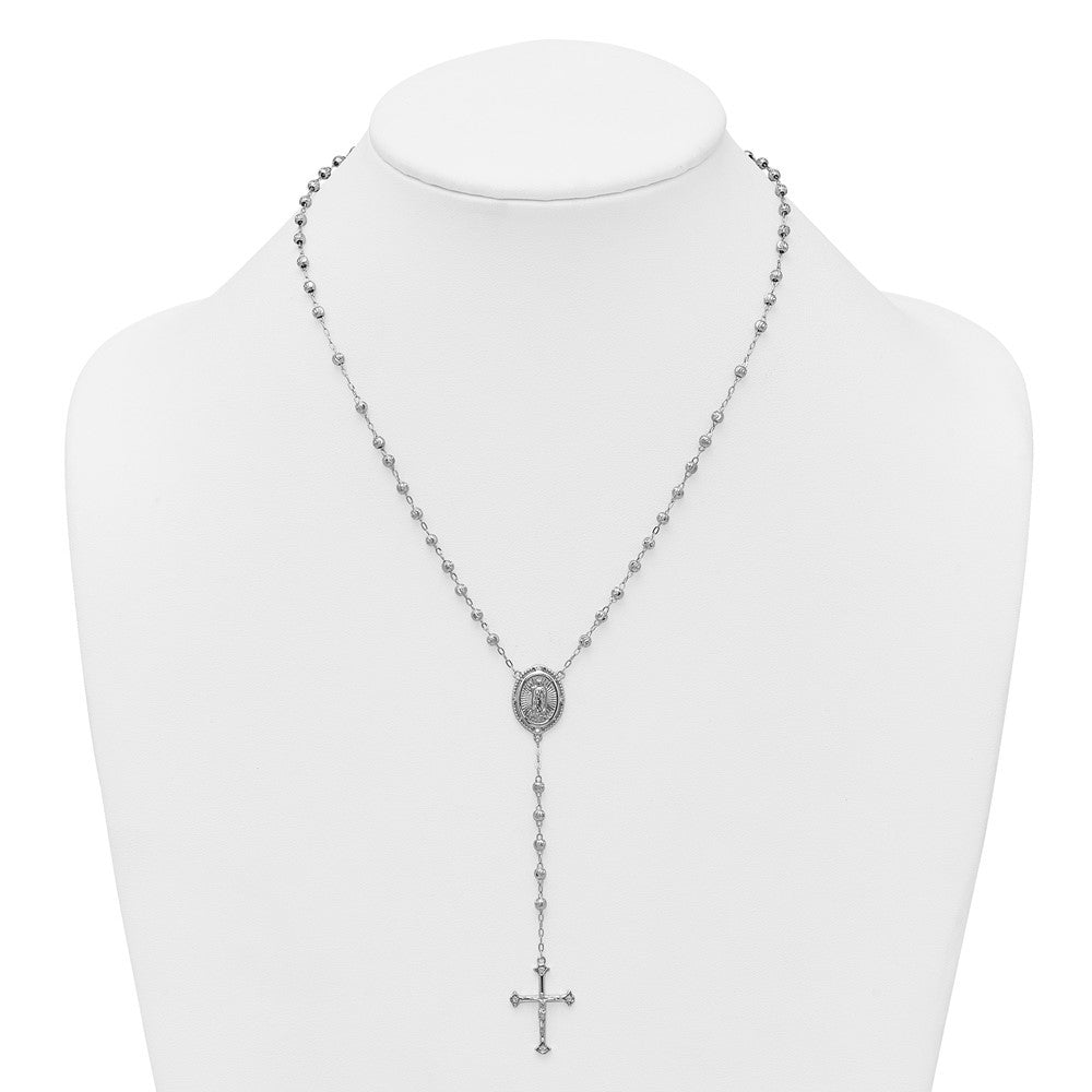 Sterling Silver Rhodium-plated CZ Diamond-cut Beaded 18 inch Rosary Necklace