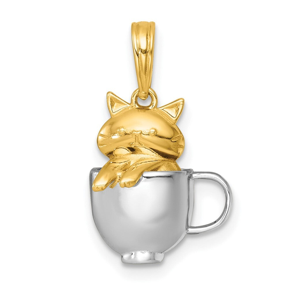 14k Yellow Gold with White Rhodium Polished 3-D Cat In Mug Charm Pendant