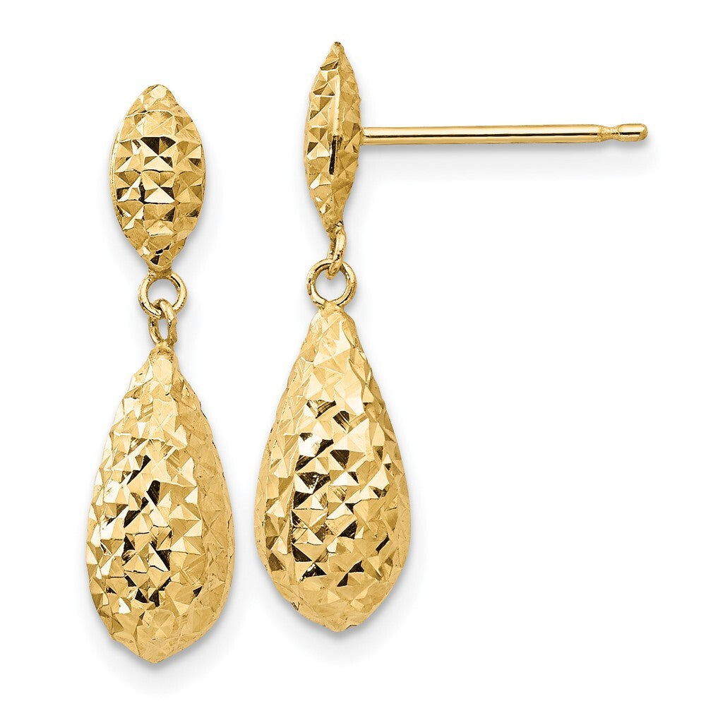 14k Yellow Gold Diamond-cut Puff Teardrop Dangle Earrings Gift for Women