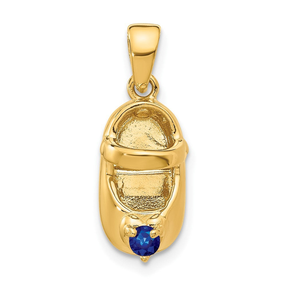 14k Yellow Gold 3-D September/Blue Synthetic Stone Engravable Baby Shoe Charm