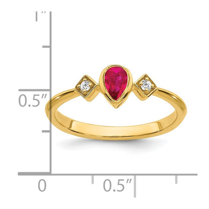 14K Yellow Gold Pear Bezel Ruby and Diamond Ring Size 7