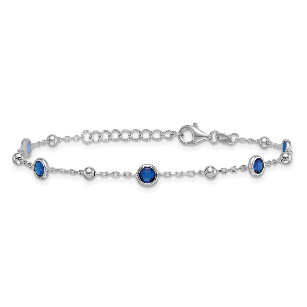 Sterling Silver and Beaded Bezel-set Round Blue CZ 7" with 1" Ext Bracelet