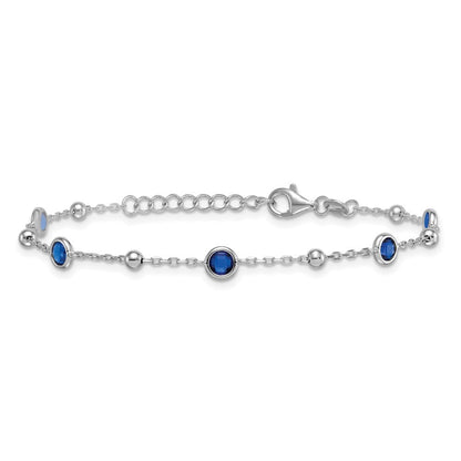 Sterling Silver and Beaded Bezel-set Round Blue CZ 7" with 1" Ext Bracelet