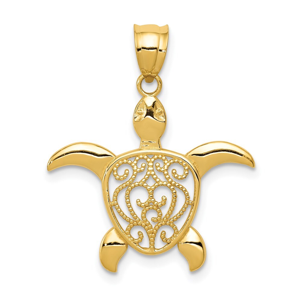 14k Yellow Gold Polished Filigree Sea Turtle Pendant for Women