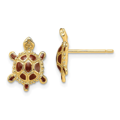 14k Yellow Gold Sea Turtle Spiny Brown Enamel Shell Stud Earrings