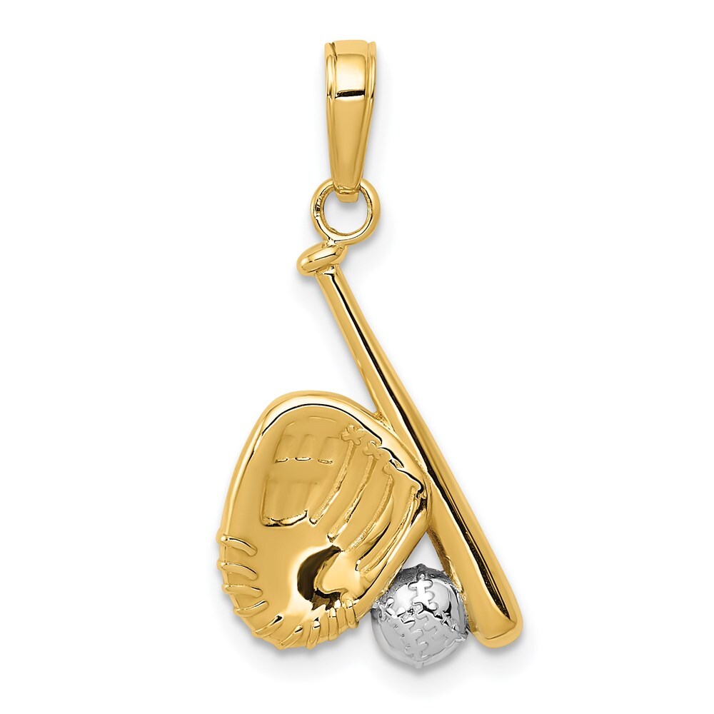 14k Yellow Gold Rhodium Baseball, Bat, and Glove Pendant for Women
