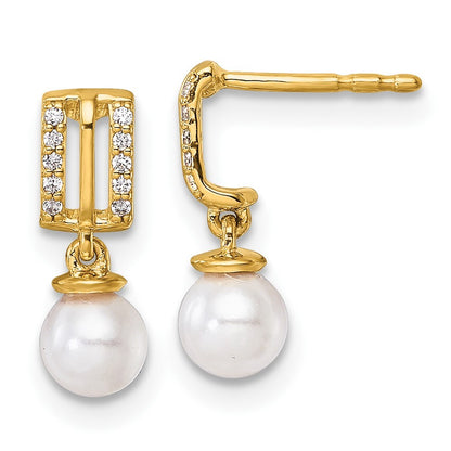 14k Yellow Gold Polished Diamond and Pearl Dangle Earrings