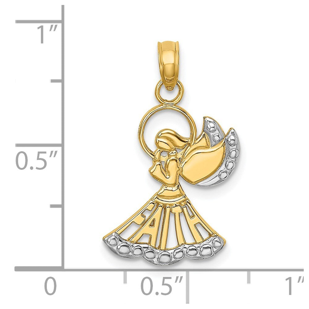 14k Yellow Gold Rhodium Polished and Textured Angel  Faith Charm Pendant
