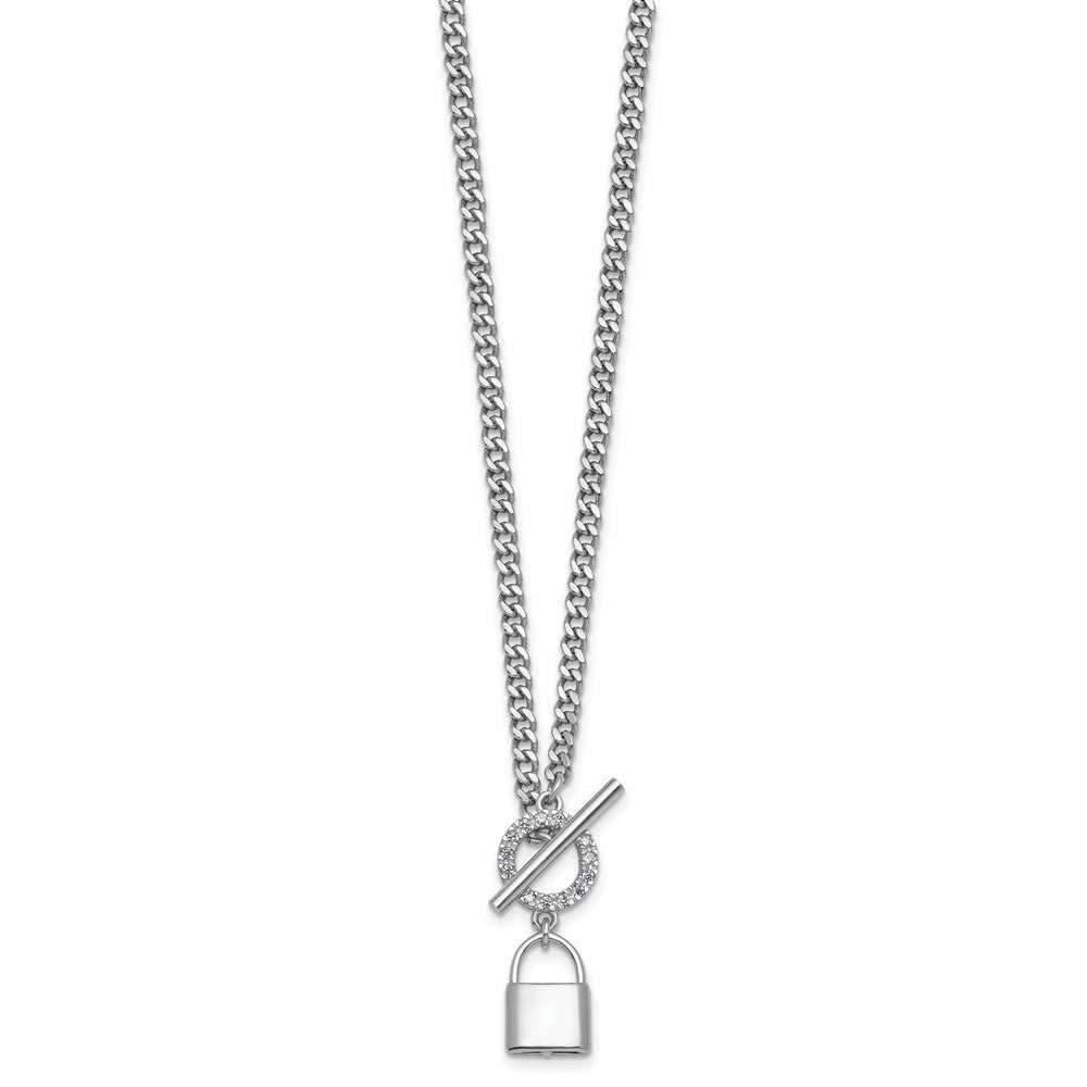 Sterling Silver Rhodium-plated CZ Lock Pendant Toggle Necklace 16" with 2" ext