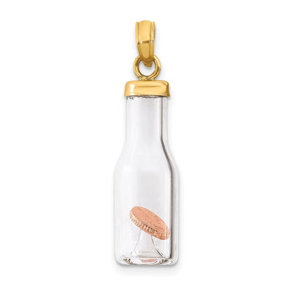 14k Yellow Gold 3-D Mini Penny in Glass Bottle Pendant
