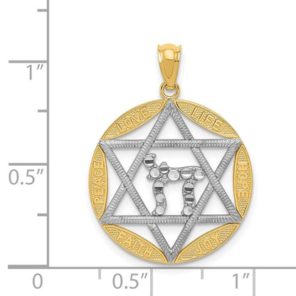 14k Yellow Gold Rhodium Star of David Chai Diamond-Cut Circle Pendant for Women