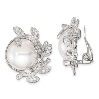 Sterling Silver Polished & Textured Fancy Pearl & CZ Leaf Non Pierced Earrings