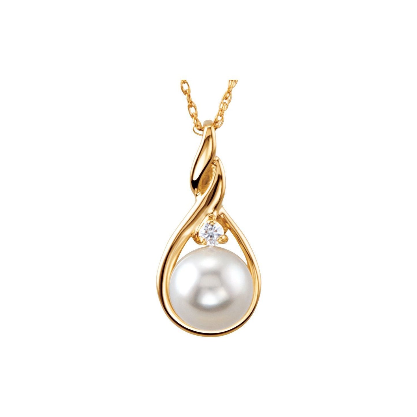 14k Yellow Gold Cultured White Akoya Pearl & .03ct Natural Diamond 18" Necklace