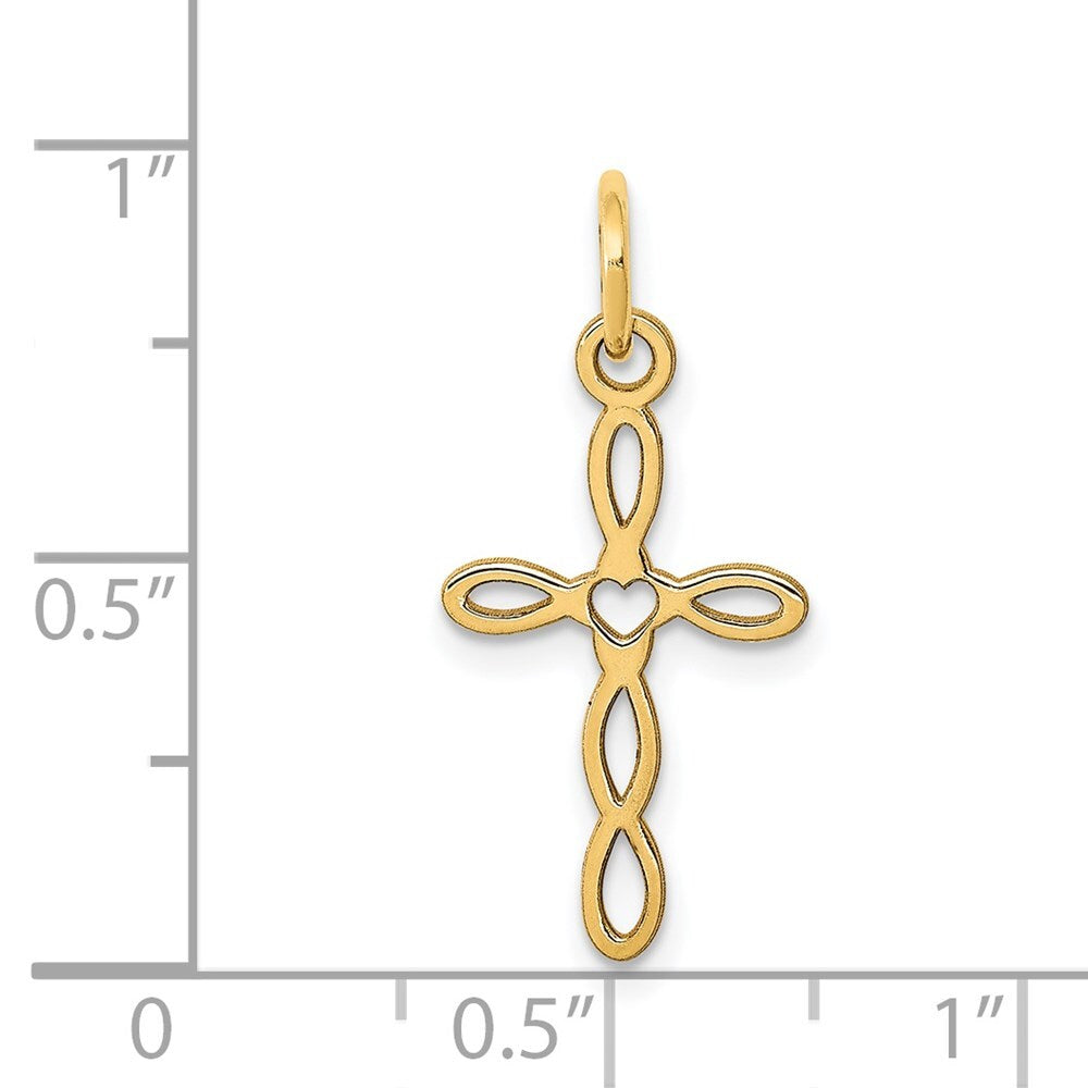 14k Yellow Gold Loop Center Heart Cross Charm Pendant for Women