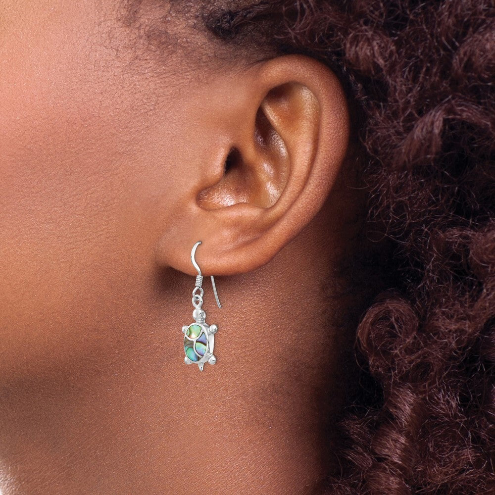 Sterling Silver Rhodium-plated Abalone Turtle Dangle Earrings